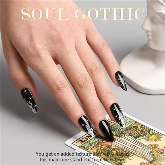 Short Almond Press on Nails, Gothic Black Fake Nails with Design Medium Oval.